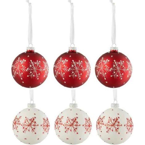 Lot de 6 Boules de Noël "Flocons de Neige" 8cm Blanc & Rouge (1/2)