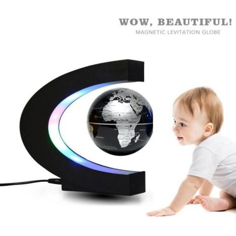 Globe Terrestre Lumineux Flottant Lévitation Magnétique Boule noire argent, Globe Lamp avec Lumières LED et Base en Forme C, Décorat (1/4)