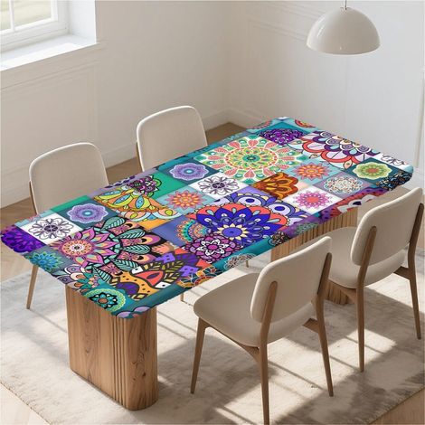 Rechteckige Tischdecke 160x90 cm mit Gummizug, wasserdicht, abwaschbar, Boho-Stil