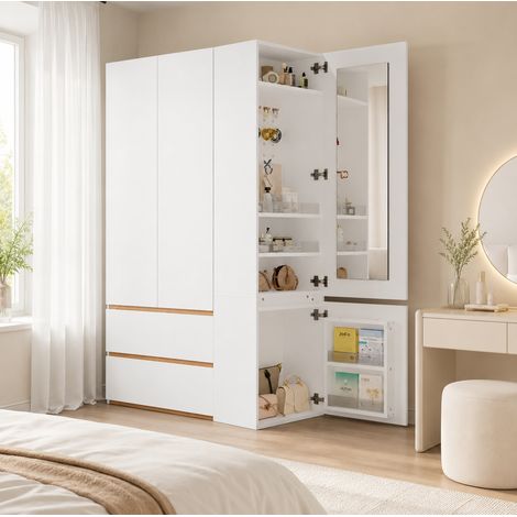 MODFU – Armario 2-en-1 120x50x200 cm de MDF/aglomerado con espejo, ropero, tocador, 2 cajones y carga 30/20 kg – Blanco (1/5)