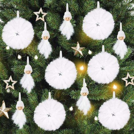 12Pcs Plume Blanche Décorations de Noël, Poupée Ange et Flocon de Neige Plumes à Suspendre Pendentif Arbre de Noël, Ornements d'sapin de Noël Mariage Anniversaire Fete DIY Décor (1/5)