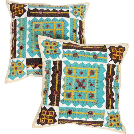 Décoration Oreiller Coton Beige brodé Miroir Travail Kantha Patch Housse de Coussin (1/5)