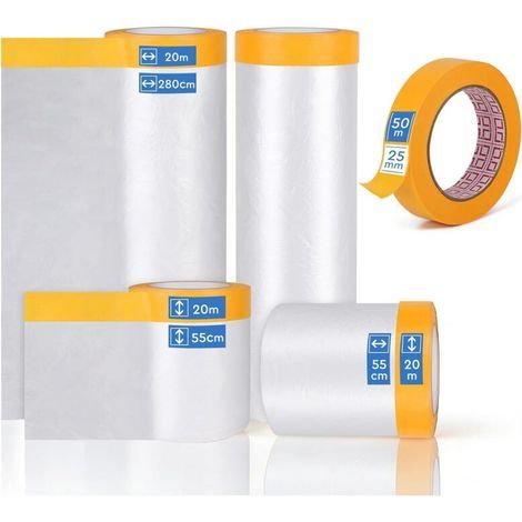 rolls of protective paint drop cloth with adhesive masking tape: 280 cm x 20 m x 1, 150 cm x 20 m x 1, 55 cm x 20 m x 2 rolls of masking film and 1 roll of masking tape 25 mm x 50 m (1/5)
