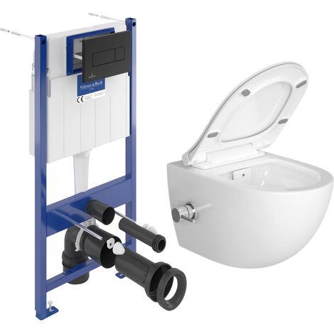 Pack WC Bâti sol mur Villeroy & Boch + WC SAT avec bidet thermostatique + Abattant SoftClose + Plaque noire (VCNSATCL4)