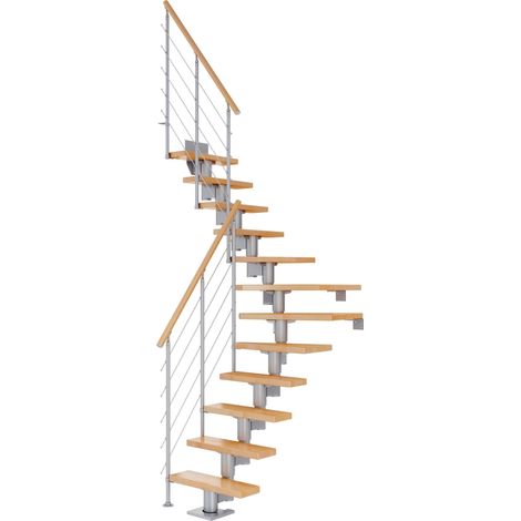 Dolle Mittelholmtreppe Dublin 1/4 gewendelt aus Buche lackiert 61 cm breit für GH 278–337 cm UK Metall Perlgrau mitlaufende Edelstahlstäbe