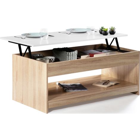 Idmarket – Table basse relevable rectangulaire en MDF blanc – Plateau imitation hêtre – Dimensions 110x60,5cm – Rangement intégré sous le plateau (1/8)