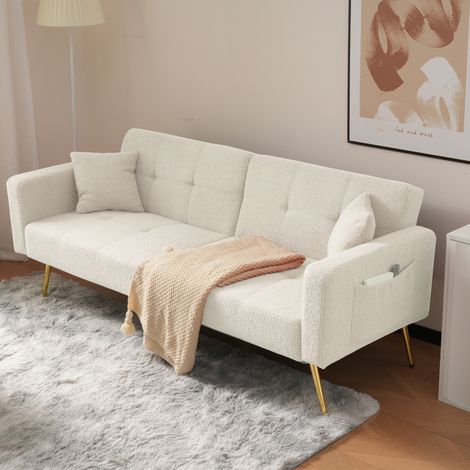 Canapé 2 places, avec fonction lit avec fonction lit, pieds dorés avec oreillers et poches latérales, 175x64x72cm, en Sherpa blanc (1/5)