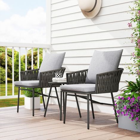 REDOM Ensemble table et chaises de salle à manger en rotin, deux chaises de jardin une table basse avec coussins, structure en acier gris (1/5)
