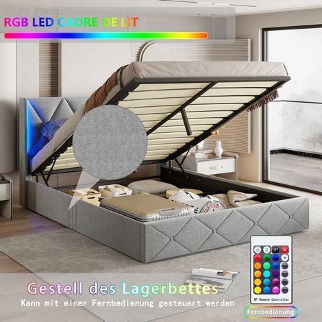 Cama Doble 140x200 - Somier Hidráulico - Cofre de Almacenamiento LED RGB - Mecanismo Silencioso - Terciopelo Gris Helado