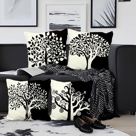 60x60cm Lot de 4 Housse de Coussin Noire Blanc Arbre Doux Court Peluche Carré Taie d'oreiller Décor Maison pour Lit Salon Chambre Extérieur Canapé Balcon Terrasse Patio Jardin Voiture (1/5)