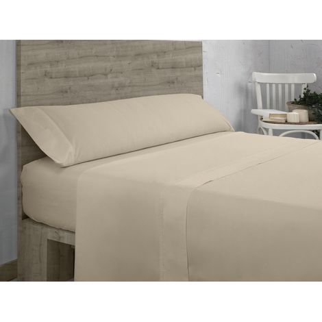 Juego de sábanas de algodón orgánico color topo. Acabado en doble pespunte. Cama de 90 cm. 3 piezas (1/5)
