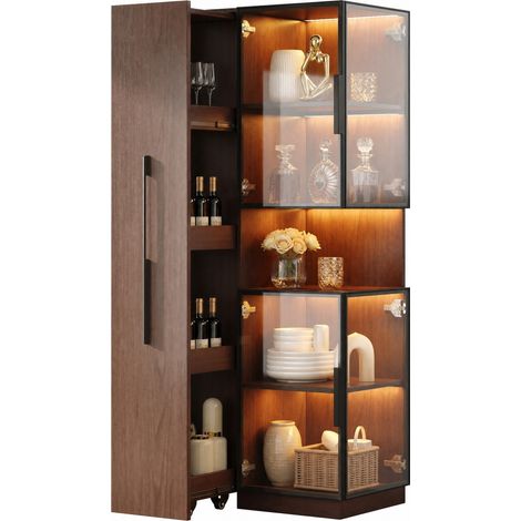 ELVMI Vetrina in Vetro con Ripiani Laterali Estraibili e LED Multicolore per Soggiorno in MDF Noce 70 x 38 x 160 cm (1/5)