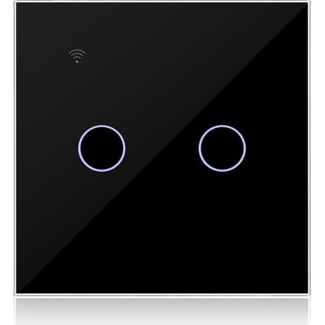Interrupteur Connecté WIFI Noir 2 Gang 1 Voies Compatible avec Alexa, Interrupteur Tactile Mural WiFi Double Gang Contrôle de Tuya/Smart Life APP, Neutre/sans Neutre Disponible (1/5)