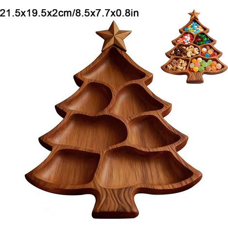 Planche À Apéritif En Forme D'Arbre De Noël - Bois Naturel - 7 Compartiments - Pour Fromages Fruits Charcuterie - 27 cm x 25 cm x 2 cm - 1 Pièce (1/5)