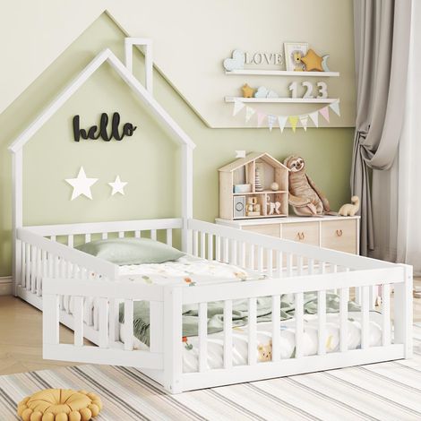Lit cabane, 90 x 200 cm, lit enfant en forme de cheminée, sommier à lattes (matelas non inclus), en pin, style minimaliste, blanc (1/5)