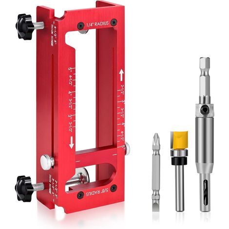 [JAMAIS UTILISÉ]Gabarit de charnière de porte en alliage d'aluminium, kit de gabarit de défonceuse, gabarit de mortaise réglable pour longueurs et épaisseurs de 2,5 à 5 pouces, rayons de 1/4 et 5/8 po (1/5)