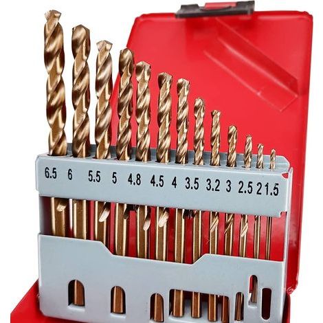 Coffret de 13 forets en cobalt M35, métriques 1,5 mm à 6,5 mm, en acier rapide à 5 % de cobalt (HSS-Co), longueur standard, pour acier trempé, acier inoxydable et fonte, pointe affûtée à 135°, dans un (1/5)