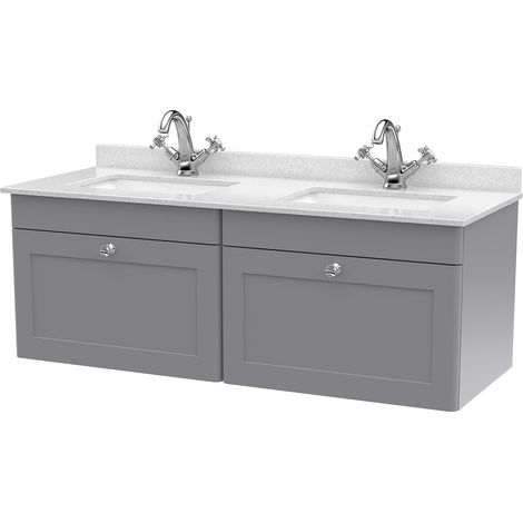 Nuie Classique Satin Grey 1200mm Wall Hung 2 Drawer Vanity Unit with White Marble Countertop and 2 Square Basins with 2 Tap Holes - CLC294WS2 (1/2)