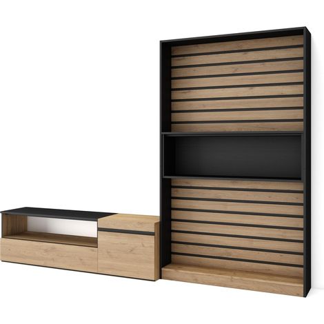 Skraut Home - Mobile Soggiorno TV, Parete Attrezzata Soggiorno, 260x186x35cm, Per TV fino a 65", Set di mobili, Stile moderno, Rovere e nero (1/5)