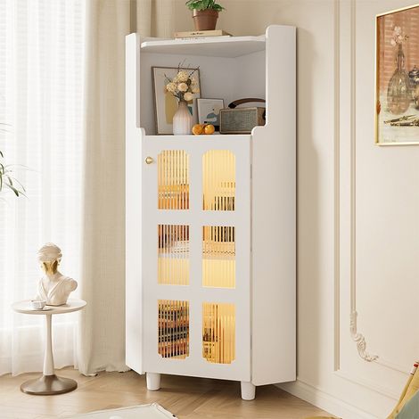 Meuble d'angle blanc 63,5x124cm, Armoire de rangement avec LED contrôlable par APP, Porte vitrée, Finition laquée moderne (1/5)