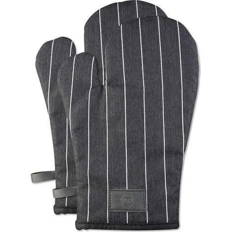 Gants de cuisine résistants à la chaleur, 100 % coton, parfaits pour la cuisine et la pâtisserie, avec boucle de suspension et logo en cuir végétalien, noir/blanc, laine (1/5)