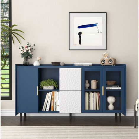 Sideboard aus MDF in Blau mit Glastüren, Schubladen und offenen Fächern, multifunktionaler Stauraumschrank (1/5)