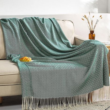 Jeté de Lit Couverture Couvre-lit Décorative Canapé Jeter Canapé Couverture Gland Plaids Frange Tapis à la Mode Mignon Motif du Losange (120 x 200 cm, Vert Matcha) (1/5)