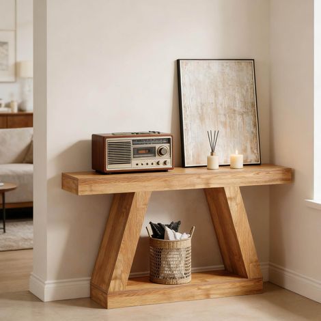 Consola de entrada de MDF, efecto madera natural, 140 cm, con almacenamiento OKMYHOME (1/5)
