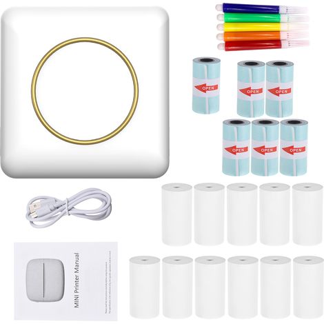Imprimante thermique portable poche C20 203dpi BT 4.0 blanche pour photo etiquette note journal DIY autocollant 11 rouleaux papier thermique 5 rouleaux adhésif 5 feutres (1/5)