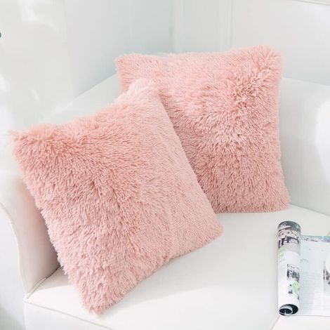 Housse de coussin décorative en fausse fourrure polaire douce de luxe, sans insert, 45 x 45 cm, rose, lot de 2 (1/5)