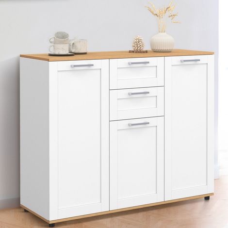 VITO Aparador de 100 cm con 3 puertas y 2 cajones blancos y tapa de madera