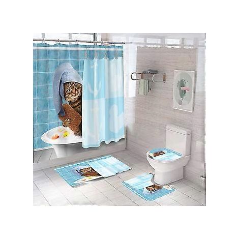 4-teiliges Duschvorhang-Set mit Tiermotiven, inklusive rutschfester Matte (Katze, WC-Deckel und Badematte), wasserdichter Vintage-Duschvorhang mit 12 Haken