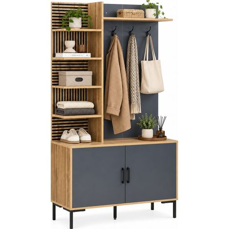 FurnitureR Meuble à chaussures entrée avec crochets et étagères réglables noir bois (1/5)
