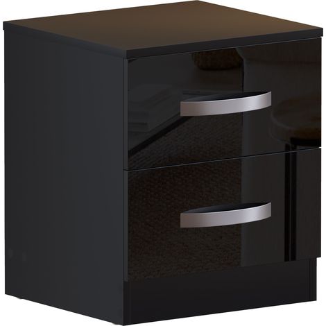 Hulio 2 Drawer Bedside Table High Gloss Cabinet Chest Nightstand Bedroom Furniture, Black