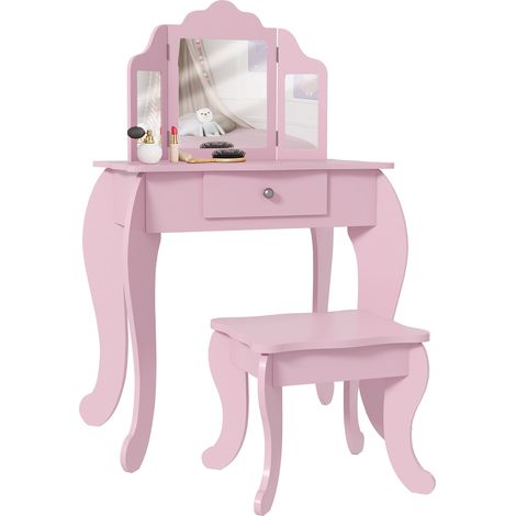 Coiffeuse pour enfants, tabouret et coiffeuse miroir réglable pour filles de 3 à 6 ans avec tiroir rose