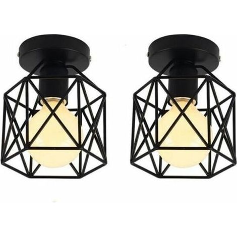 Lot de 2 Plafonnier Industrielle en Métal Cage Carré, Lustre Abat-jour Fer Luminaire E27 40W Noir pour Salon Chambre Bar (1/5)