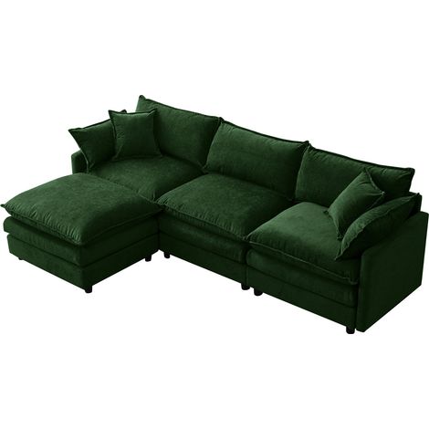 Divano angolare modulare in chenille verde 3 posti con chaise longue e pouf MODENUIT (1/5)