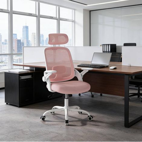 Sedia da ufficio ergonomica rosa in metallo 63,5x47x109,5-117,5 cm FloraGrace (1/5)