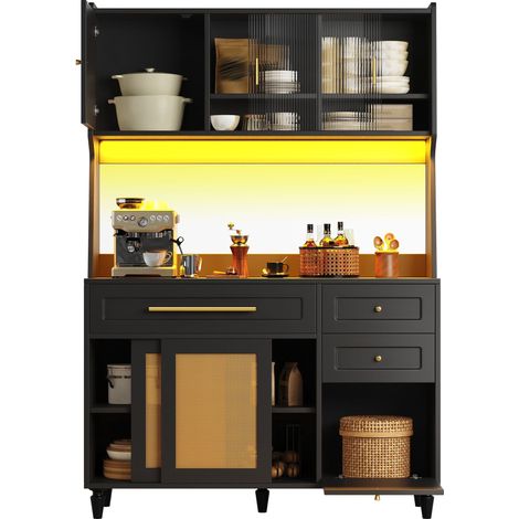 Buffet haut de cuisine Noir,meuble moderne avec LED,avec 3 tiroirs,plan de travail,120x45x195.5cm,cuisine,salon (1/5)