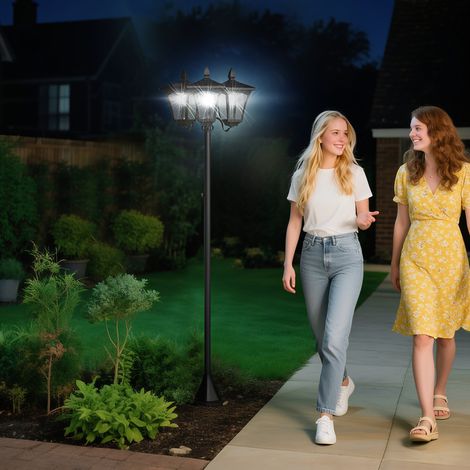 Noire 51,5x47x182,5cm - Éclairage solaire de jardin doté de 3 lampes LED Étanche IP44 capteur de nuit lanterne extérieure