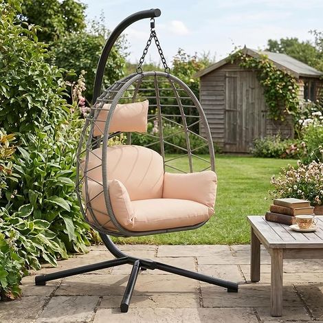 Chaise Suspendue Rotin Cadre Métallique - Charge 150kg Housse étanche Pliable - Balcon Jardin Blanc 105×106×196cm (1/4)