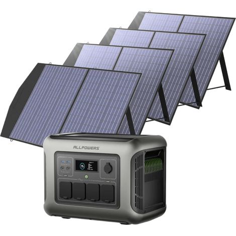 ALLPOWERS R1500 LITE Tragbare Powerstation mit 4 x 100W Solarpanel, 1056Wh LFP Batterie Backup mit 4x1600W AC Ausgäng, Schnellladung von 0-80% in 40 Mins Solar Generator, Notstromaggregat für Camping
