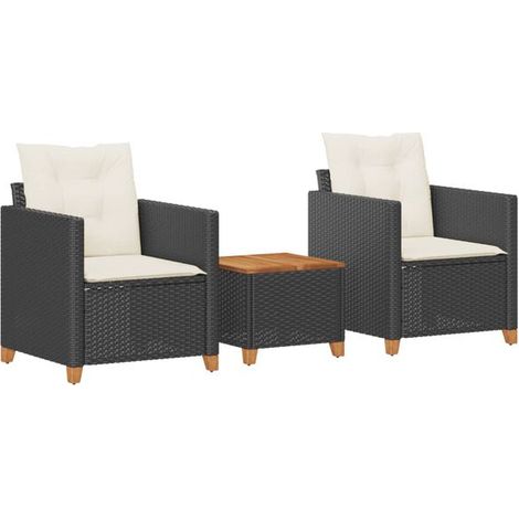 Ensemble de 3 Pièces Meubles de Terrasse, Table et 2 Chaises avec Coussins, Résine Tressée Noire et Bois d'Acacia, Mobilier de Jardin Style Bistrot (1/5)