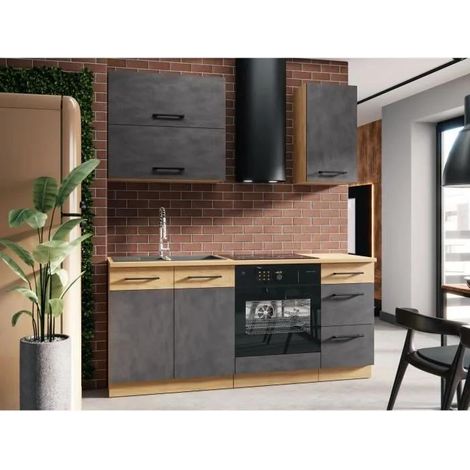 Komplettküche ROCK L180 cm - 5 Elemente + Backofenschrank - Melamin in Dekor Eichenlancelot und Grau Matera - Arbeitsplatte nicht enthalten