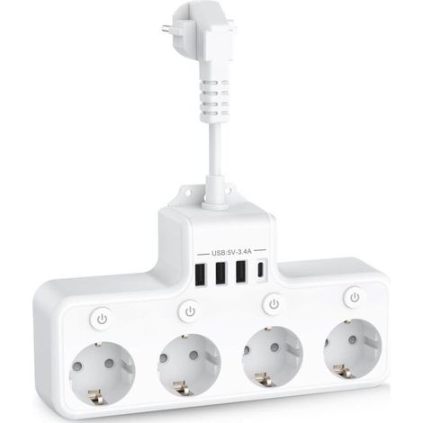 8-in-1 USB-Steckdosenleiste mit 4 Steckdosen, 4 USB-Anschlüssen und Reiseladegerät (5 V/3 A, 5 V/2,4 A), 3680 W, 16 A Mehrfachsteckdosenleiste mit 4 Einzelschaltern für Zuhause und Büro – Weiß (1/4)