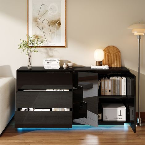 Credenza bassa 160x76x35 cm, con illuminazione a LED, 3 cassetti e armadietto, finitura laccata lucida - Bianco (1/5)