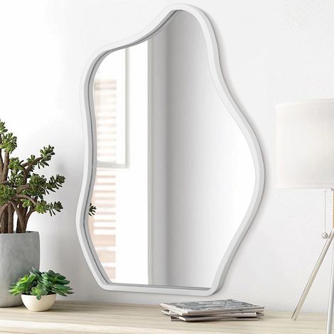 Miroir Mural asymétrique Cadre en Bois Moderne Miroir d'art Unique Mignon et élégant Miroir Suspendu Nuage Chambre Salon Salle de Bains entrée décoration Grand Blanc (1/5)