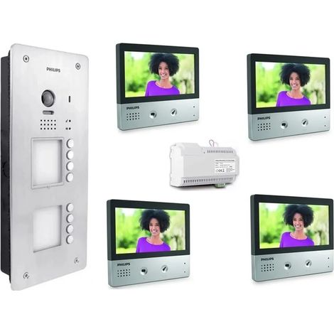 KIT VIDEOCITOFONO 4 FAMIGLIE PHILIPS 2 FILI A COLORI VIVAVOCE 7 POLLICI