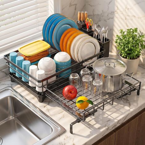 Égouttoir à vaisselle extensible, porte-vaisselle en acier inoxydable grande capacité avec porte-couverts, égouttoir ajustable pour plan de cuisine avec bac récupérateur amovible, rangement antirouill (1/5)