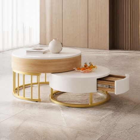 Tavolino basso rotondo a nido, piano sollevabile, con cassetto, MDF, bianco e dorato DESVIAE (1/5)